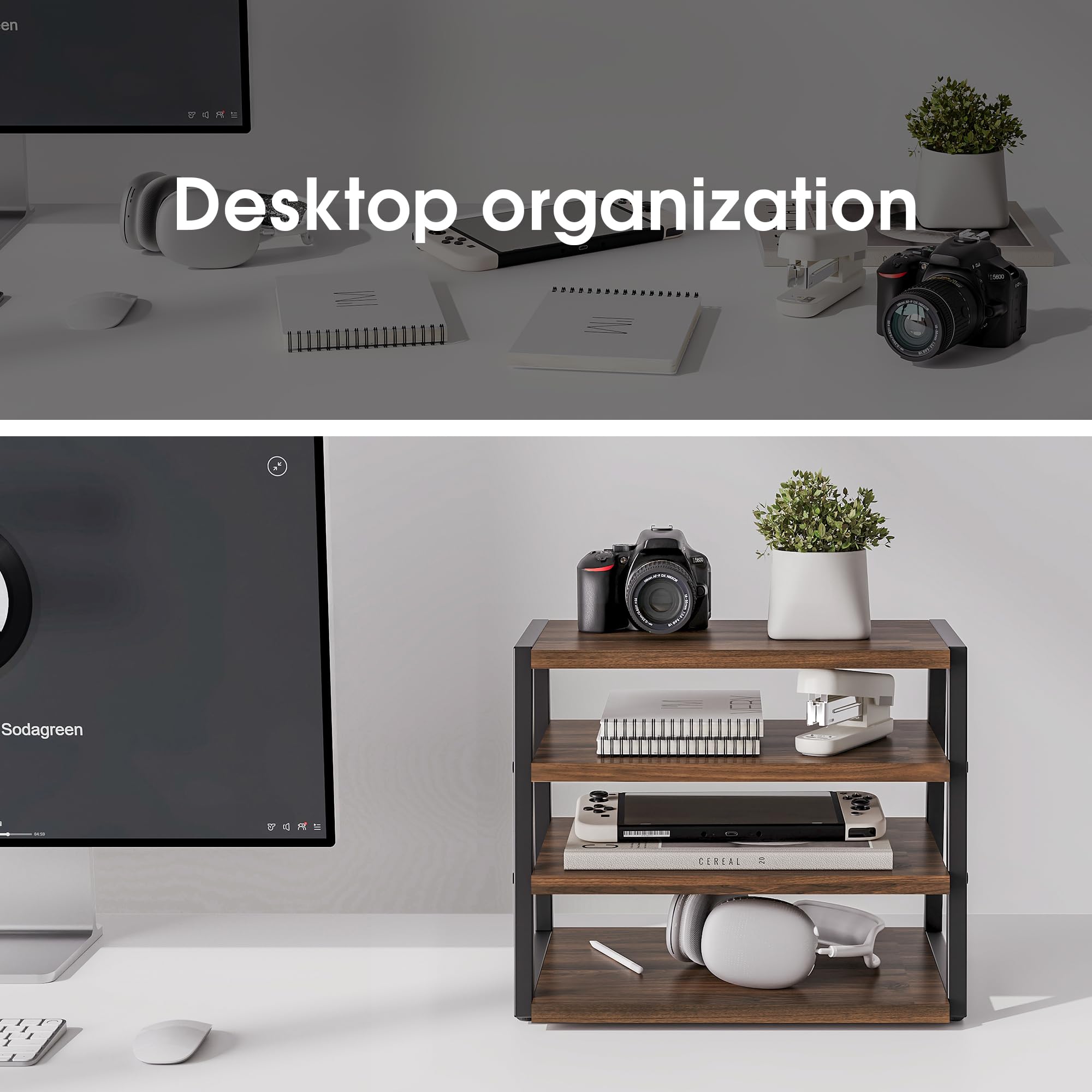 4-Tier Wood & Metal Desk Shelf Organizer - Office Supplies Storage, File Holder for Home & Office Workspace - Perfect for Organizing Books, Files, Stationery on Desks & Corners