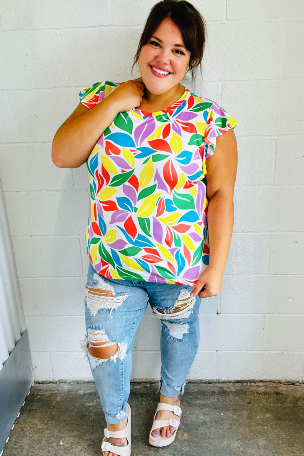 Playful Lavender & Yellow Floral Print Flutter Sleeve Blouse - Women's Boho Chic Summer Top for Date Night & Beach Vacations