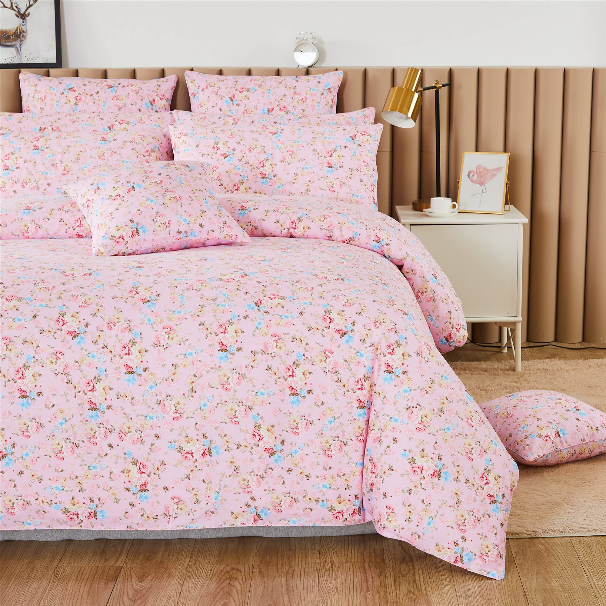FADFAY Queen Size Duvet Cover Set - 100% Cotton Ultra Soft Comforter Cover with Hidden Zipper, Vintage Floral Farmhouse Design in Shabby Pink (3-Piece Set) | Perfect for Bedroom Decor, Guest Rooms & Cozy Farmhouse Style Homes