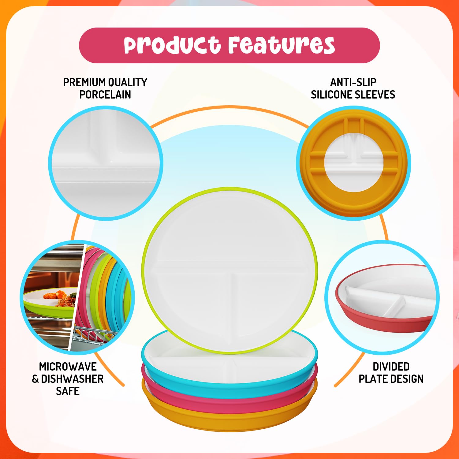 Premium Divided Toddler Plates with Anti-Slip Silicone Sleeves | Microwave & Dishwasher Safe Porcelain Kids Plates | Set of 4 for Easy Mealtime | Perfect for Babies, Toddlers & Kids | Ideal for Home, Daycare & Restaurant Use
