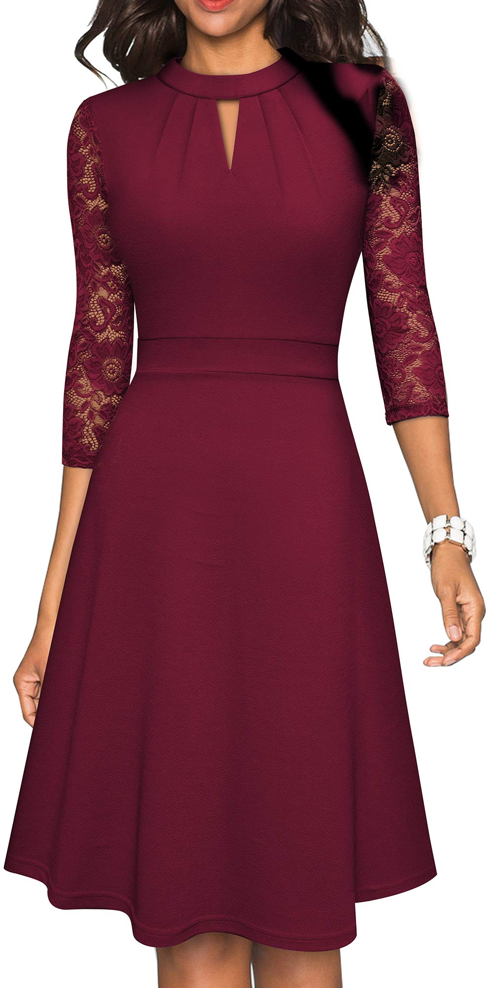 HOMEYEE Women's Vintage Lace Patchwork Party Dress - Elegant Round Neck Hollow Out Retro Dress for Evening, Cocktail, Wedding Guest & Special Occasions