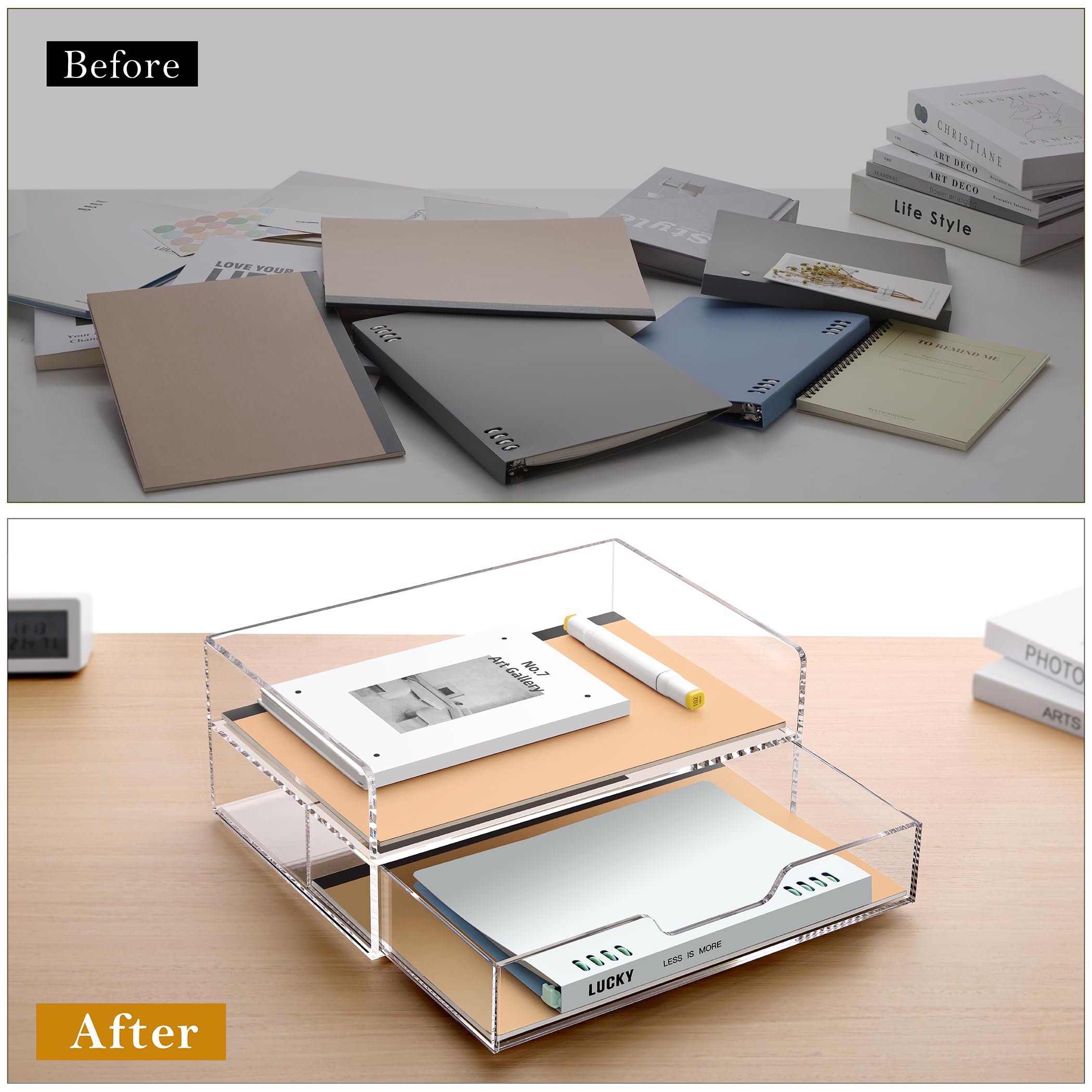 SANRUI 2-Tier Clear Acrylic Desk Organizer with Sliding Drawer - Stackable File & Paper Organizer for Office, Home, School - Perfect for Documents, Stationery & Office Supplies Storage