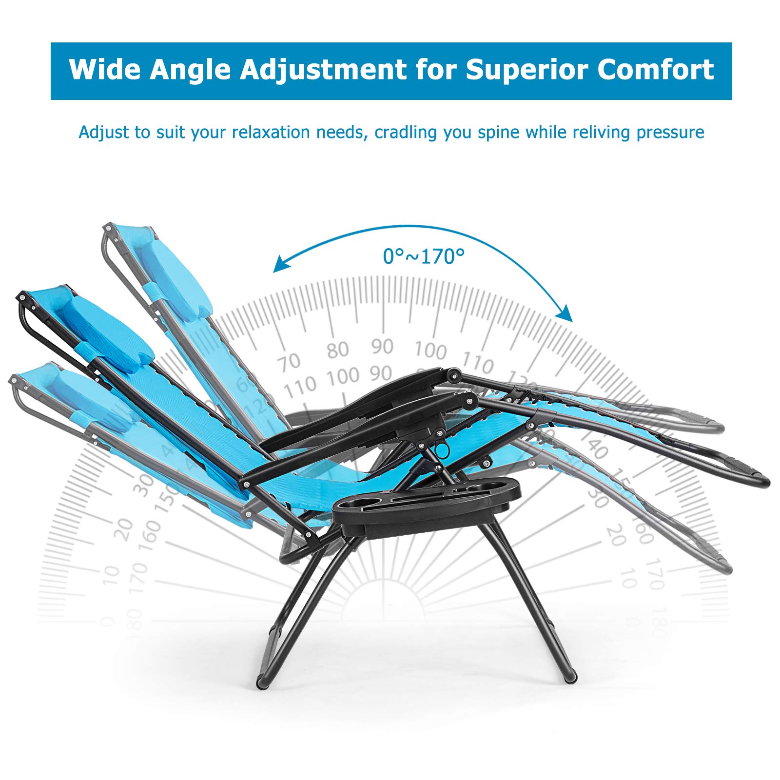 Moccha Zero Folding Gravity Recliner Lounger Chair with Adjustable Headrest & Lumbar Support - Patio Outdoor Lounge Chair with Shade Canopy & Locking System (Blue) - Perfect for Backyard, Poolside, Beach & Camping Relaxation