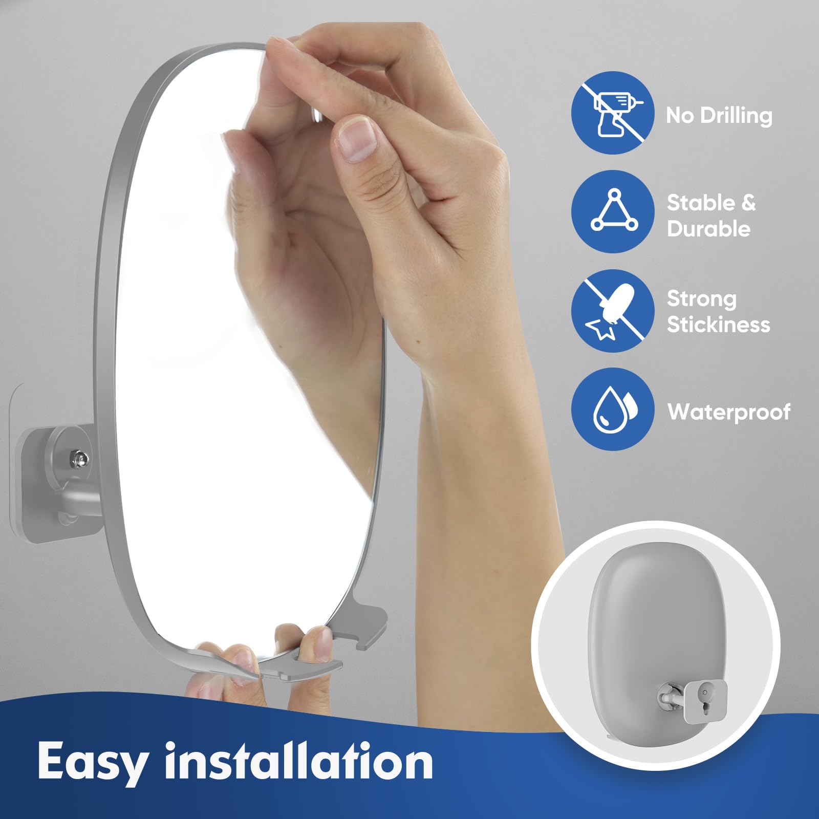 Fogless Shower Mirror for Shaving - 360° Rotation, No-Drilling Adhesive Mount, Shatterproof & Waterproof Bathroom Mirror with Razor Holders - Perfect for Close Shaves & Grooming in Steamy Showers (Grey)