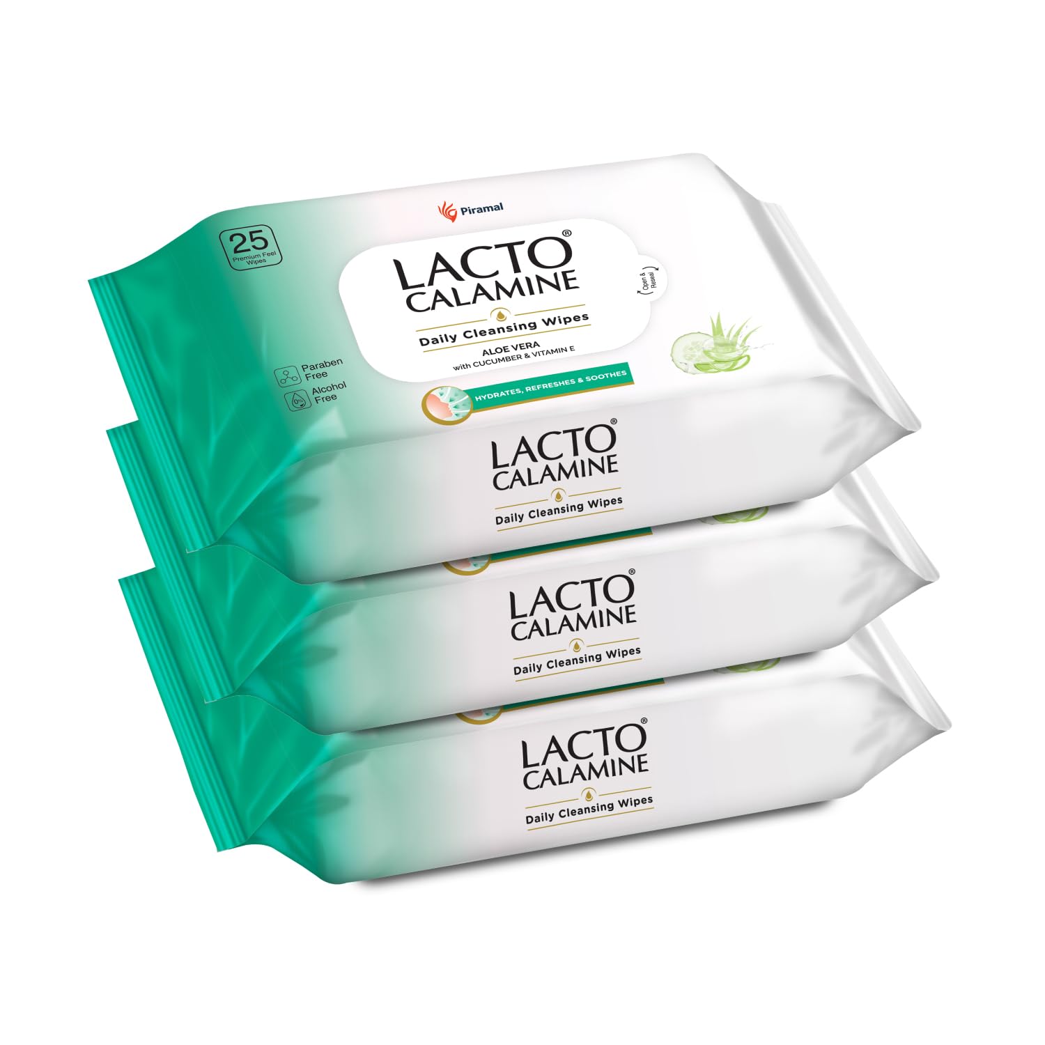 Lacto Calamine Daily Cleansing Facial Wipes - Pack of 3 (75 Wipes Total) | Aloe Vera, Cucumber & Vitamin E Infused Makeup Remover Wipes | Hydrating, Refreshing & Soothing Face Cleansing Wipes | Paraben-Free, Alcohol-Free | Perfect for Travel, Gym & Daily Skincare Routine