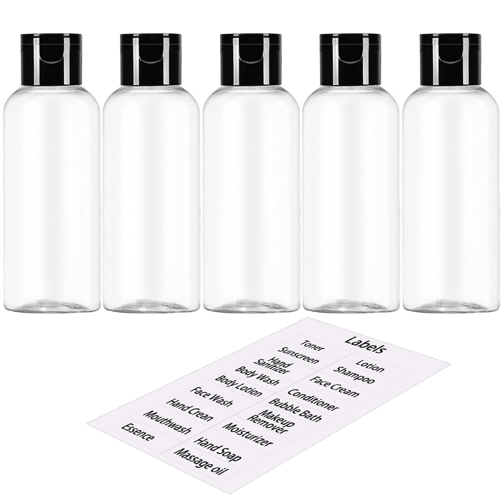 5 Pack 3.4 oz TSA Approved Travel Size Bottles - Leak Proof Refillable Toiletry Containers with Labels for Shampoo, Conditioner & Lotion - Perfect for Airplane Carry On, Gym & Vacation Essentials