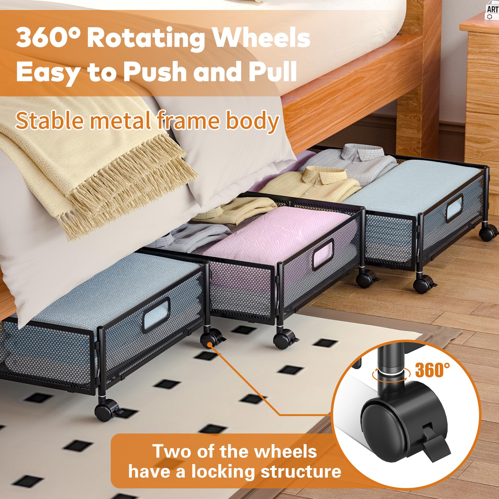 Under Bed Storage with Wheels - 2 Pack Rolling Under Bed Storage Containers for Shoes, Clothes & Blankets | Space Saving Bedroom Organizer for Seasonal Clothing & Extra Linens