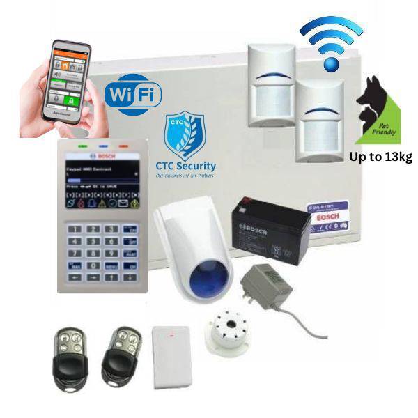 Bosch Solution 6000 Wireless Home Security Alarm System Kit with 2 PIR Motion Detectors & 2 Stainless Steel Remote Controls - Smart WiFi Connection for House, Apartment, Business Protection