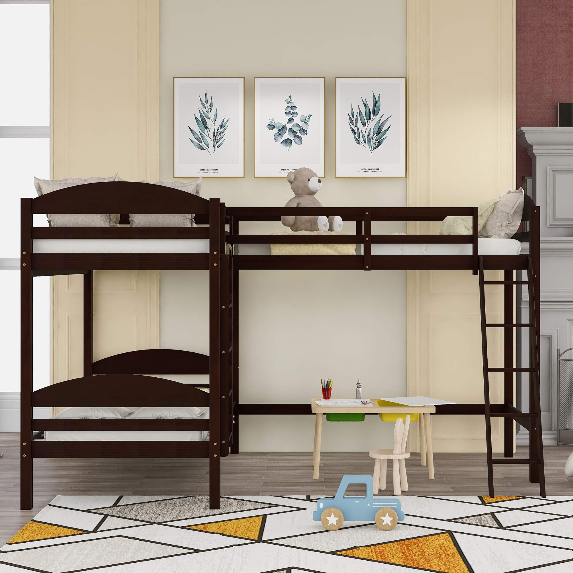 RUNNA Triple Bunk Bed - Solid Wood Twin Size 3-Tier Loft Bed with Guardrails & Ladder for Kids | L-Shaped Corner Space-Saving Design | No Box Spring Needed (Espresso Finish) | Perfect for Shared Kids' Rooms, Sleepovers & Small Spaces
