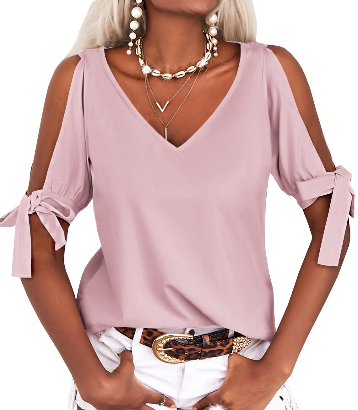Veatzaer Women's Cold Shoulder Tops Short Sleeve V-Neck Casual Loose Cutout Blouse - Summer Fashion T-Shirts for Outfits, Beach, Party & Daily Wear