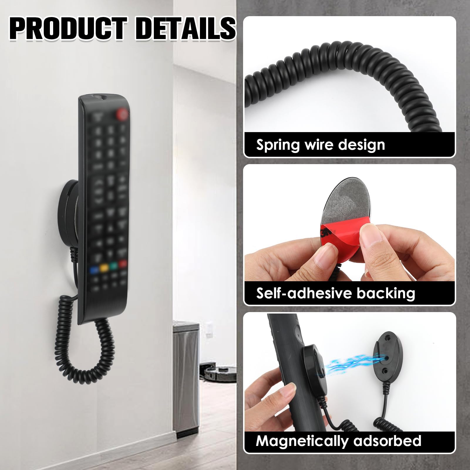 2 Pack Magnetic Remote Control Holder with Security Cable - Retractable Remote Organizer for TV, Fan & AC - Easy Installation, Anti-Loss Design (Black) | Perfect for Living Room, Bedroom & Office Organization