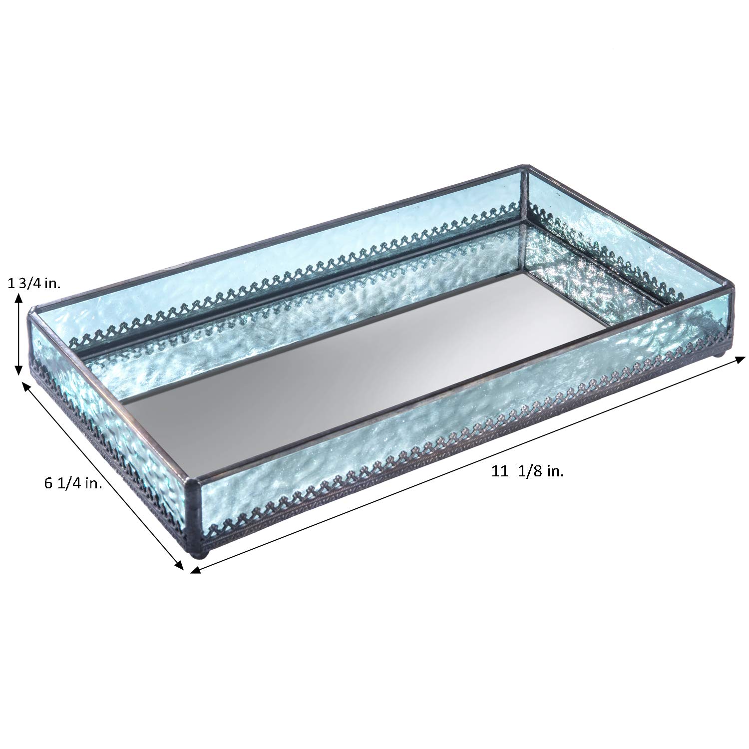 Turquoise Blue Glass Tray with Mirrored Bottom - Jewelry & Makeup Organizer for Bathroom Vanity & Dresser