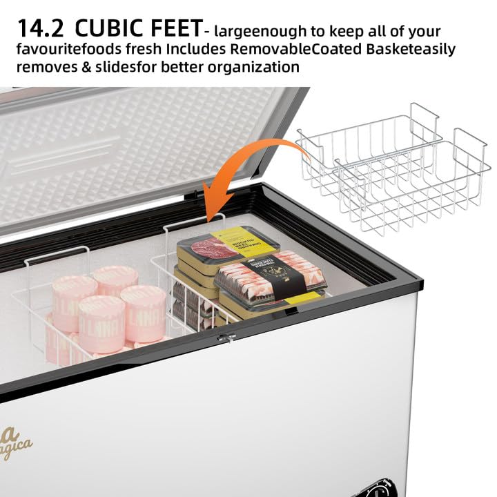 14.2 Cu.Ft Commercial Chest Freezer with Lock - Energy Efficient Deep Freezer for Ice Cream & Bulk Food Storage, Includes Ice Scoop & Removable Baskets (0.4°F to 50°F), Ultra Quiet Operation - Perfect for Restaurants, Grocery Stores & Home Use (Silver)