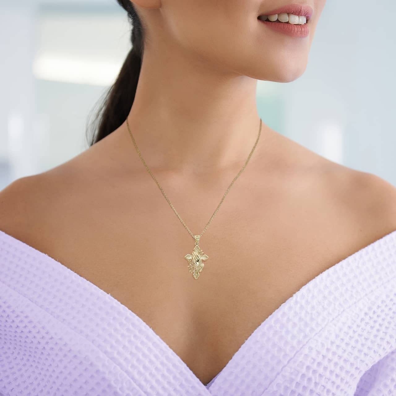 14k Solid Gold Cross Pendant with Praying Hands & Rosary - Religious Jewelry for Baptism, First Communion, Confirmation & Everyday Faith Wear