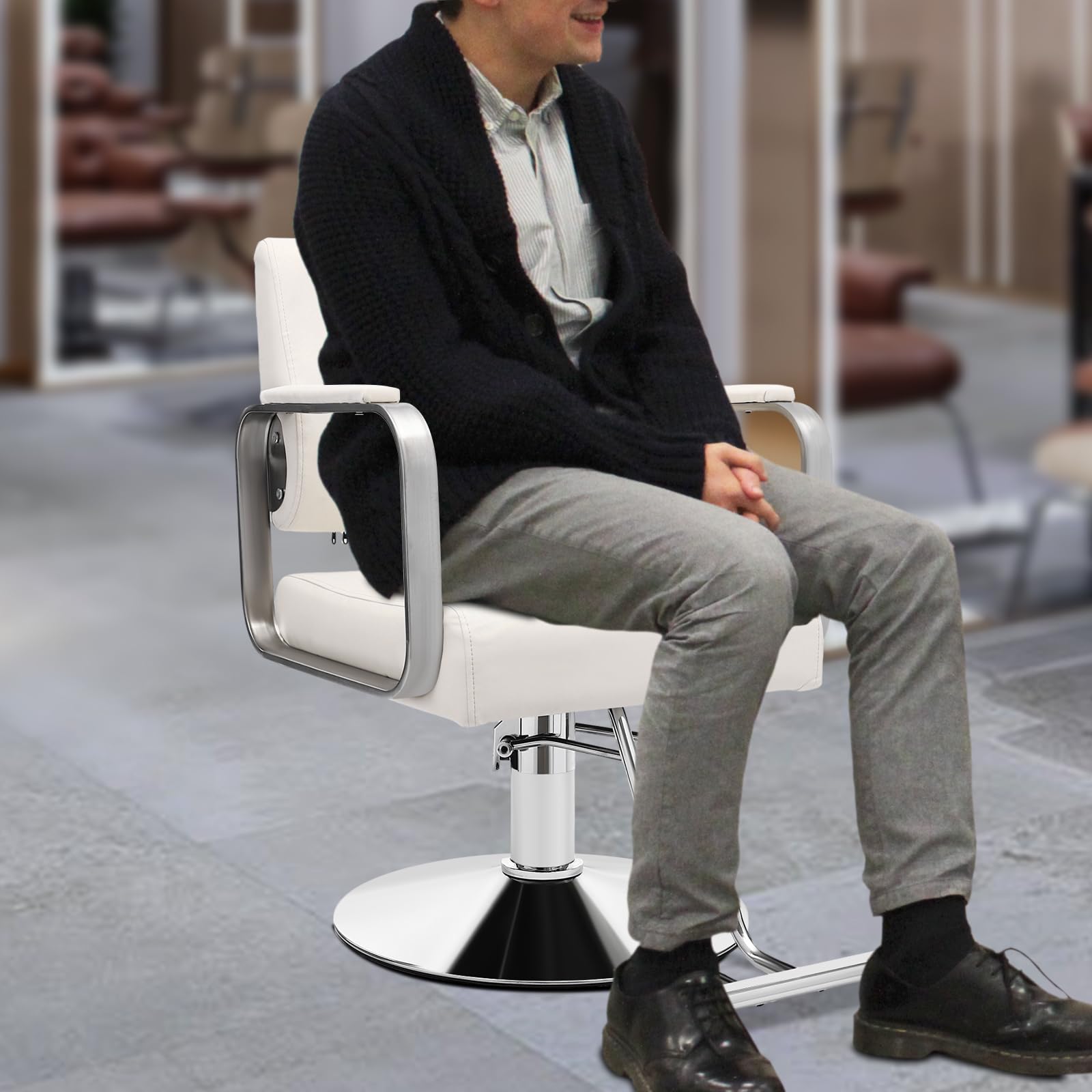 Professional Salon Styling Chair - 360° Rotatable Barber Chair for Hair Stylists, Portable Hairdressing Chair with Adjustable Height (Off-white & Silver) - Perfect for Home Salons, Barber Shops & Mobile Hair Stylists