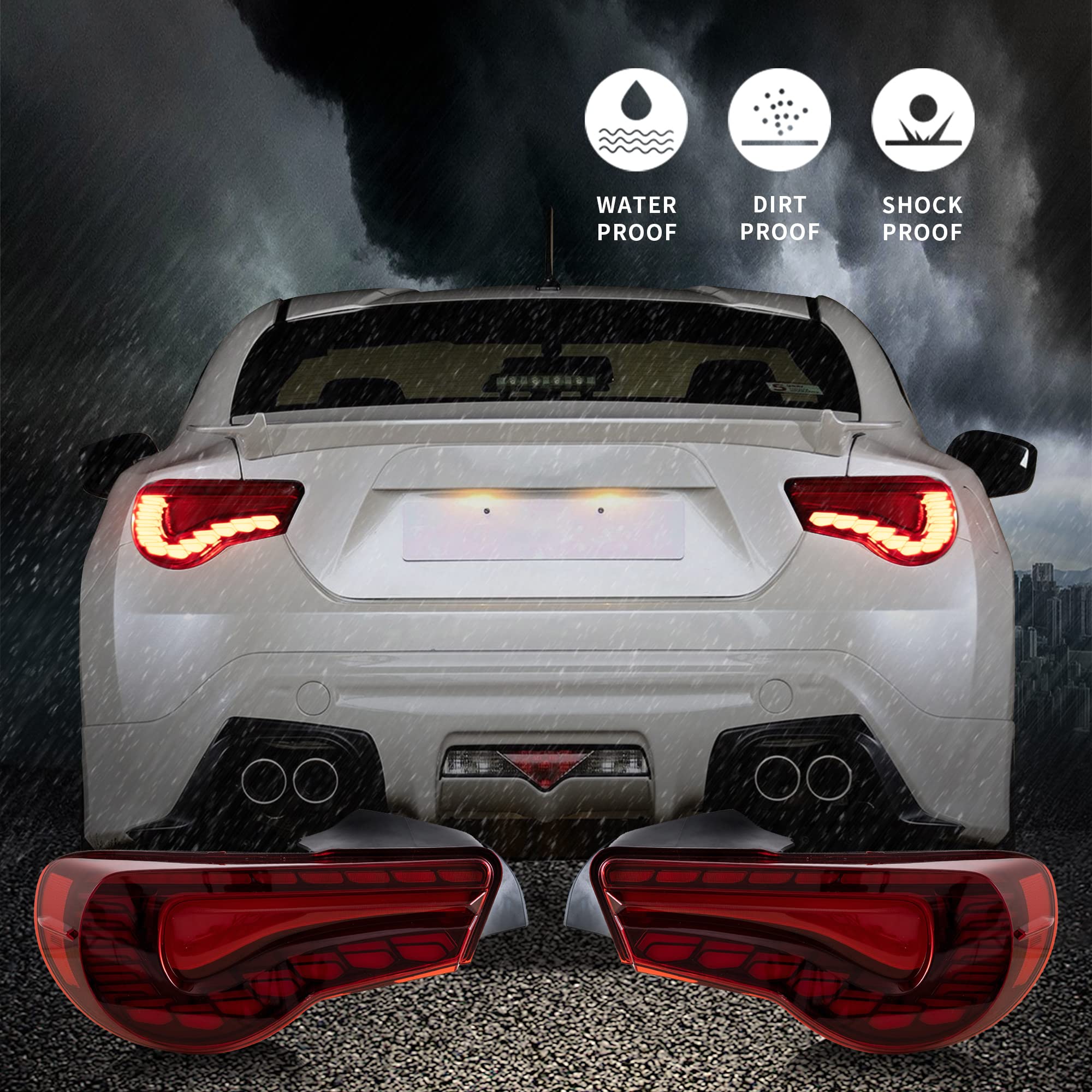 VLAND OLED Red Tail Lights for Toyota 86 GT86 2012-2020, Subaru BRZ 2013-2020, Scion FR-S 2013-2020 - Dragon Scales Dynamic Running Lights with Sequential Turn Signals - Perfect for Car Enthusiasts & Night Driving Upgrades