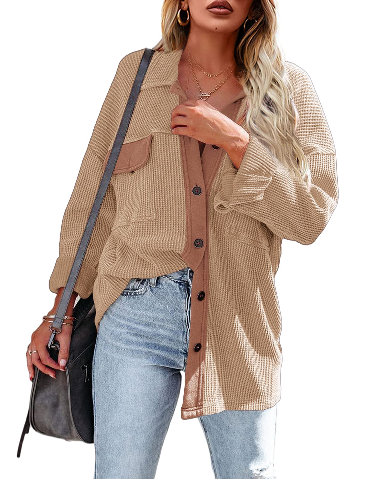 Women's Waffle Knit Shacket - Oversized Button Down Thermal Shirt with Collar & Pockets | Long Sleeve Casual Jacket for Fall & Winter | Perfect for Layering, Outdoor Activities & Everyday Wear