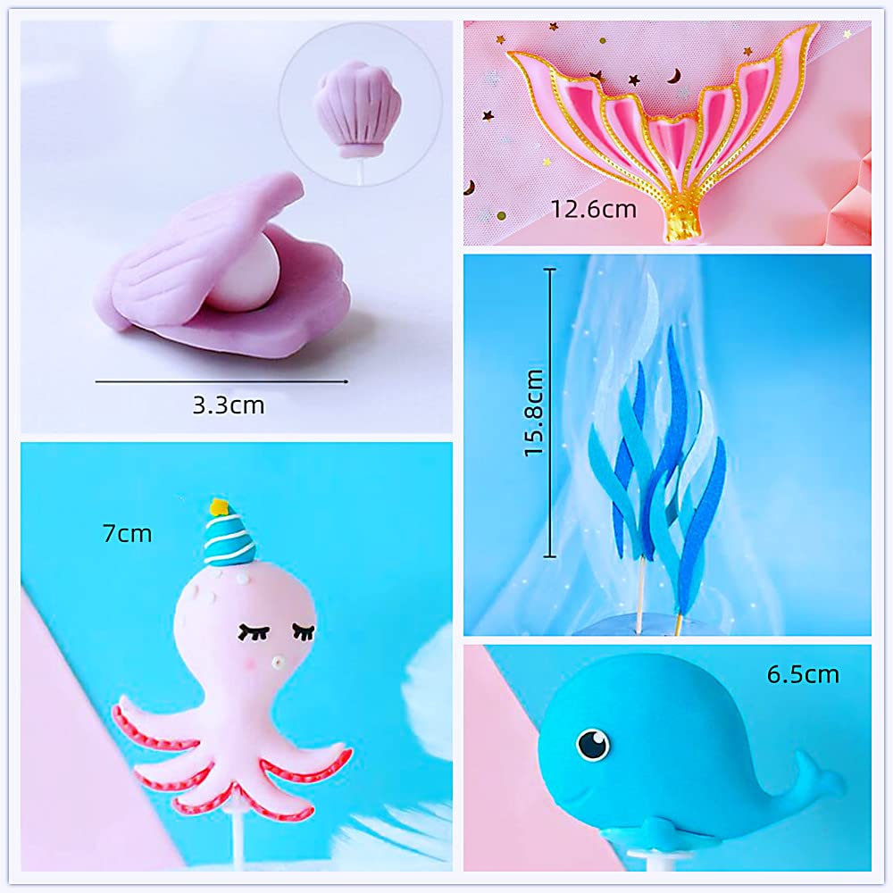 8 PCS Glitter Mermaid Cake Toppers - Under the Sea Party Supplies, Ocean Animal & Mermaid Scale Cake Decorations for Birthday, Baby Shower & Themed Parties