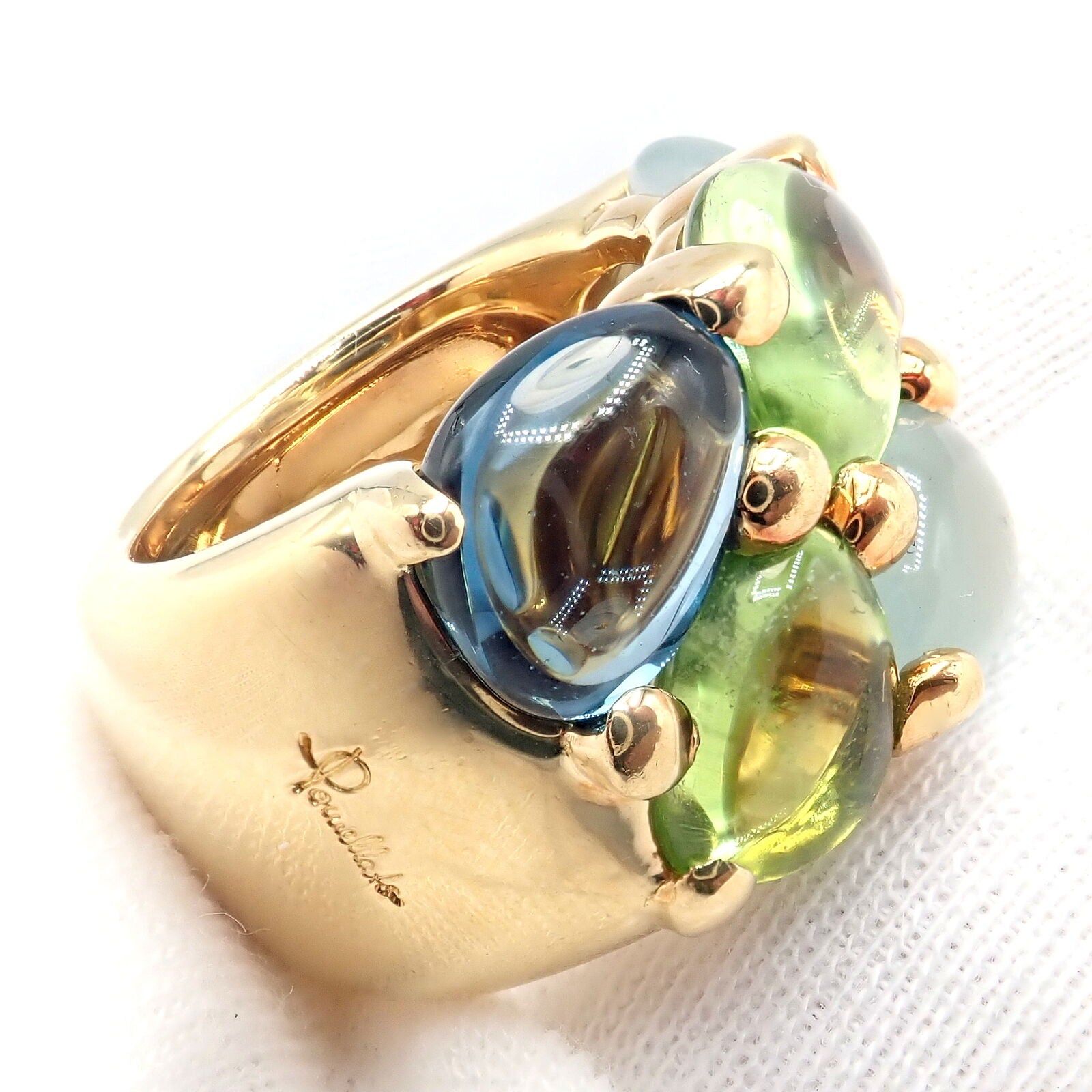 Authentic Pomellato 18K Yellow Gold Sassi Large Peridot Topaz Aqua Ring Size 6 - Elegant Jewelry for Weddings, Parties & Special Occasions
