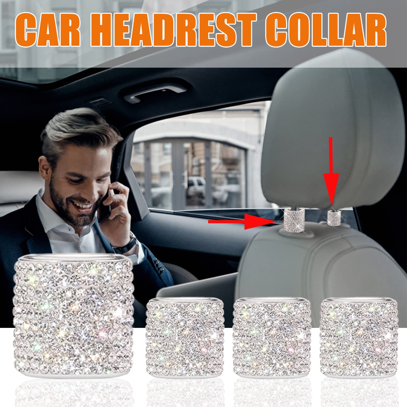 4-Piece Diamond-Studded Car Headrest Decorations - Silver Seat Covers & Hanging Rings for Luxury Car Interior Accessories | Perfect for Sedans, SUVs, and Wedding Car Decorations