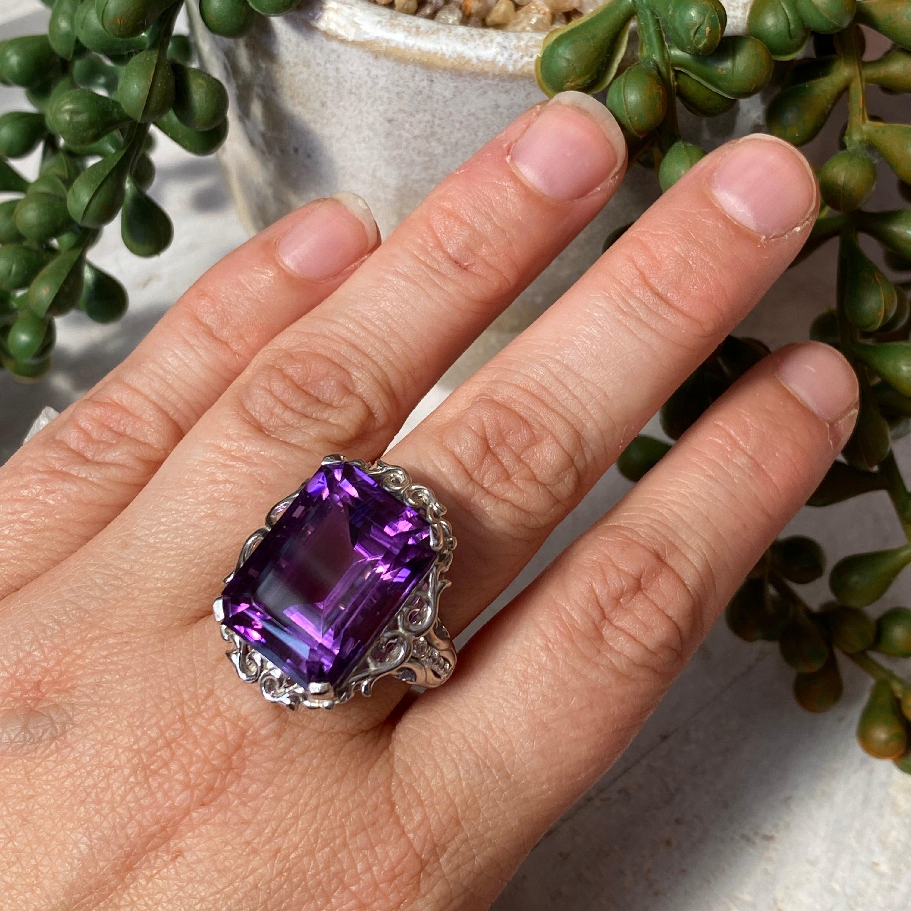 Amethyst Emerald Cut Ring with CZ Accents - Size 8 - HRGJ 35 - Elegant Jewelry for Women, Perfect for Weddings, Anniversaries & Special Occasions