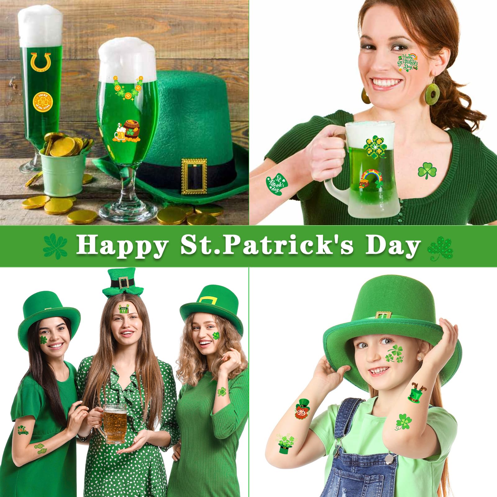 96Pcs St Patricks Day Temporary Tattoos - Lucky Shamrock & Irish Symbols for Kids & Adults | St Patricks Day Party Supplies, Face Makeup Accessories | Perfect for Festivals, Parades & Themed Events