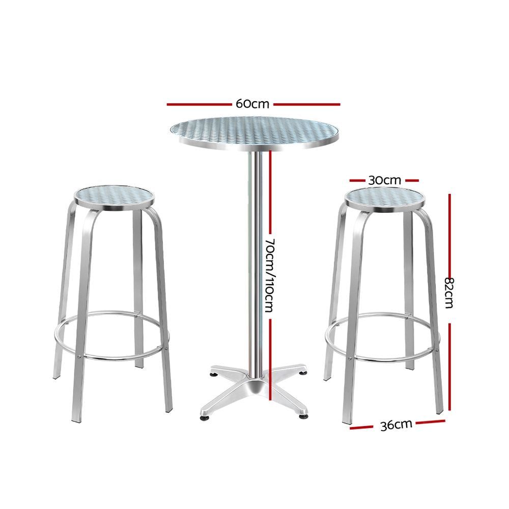 Gardeon 3-Piece Outdoor Bistro Set - Adjustable Height Aluminum Round Bar Table with Stools for Patio, Garden, Café & Restaurant Use