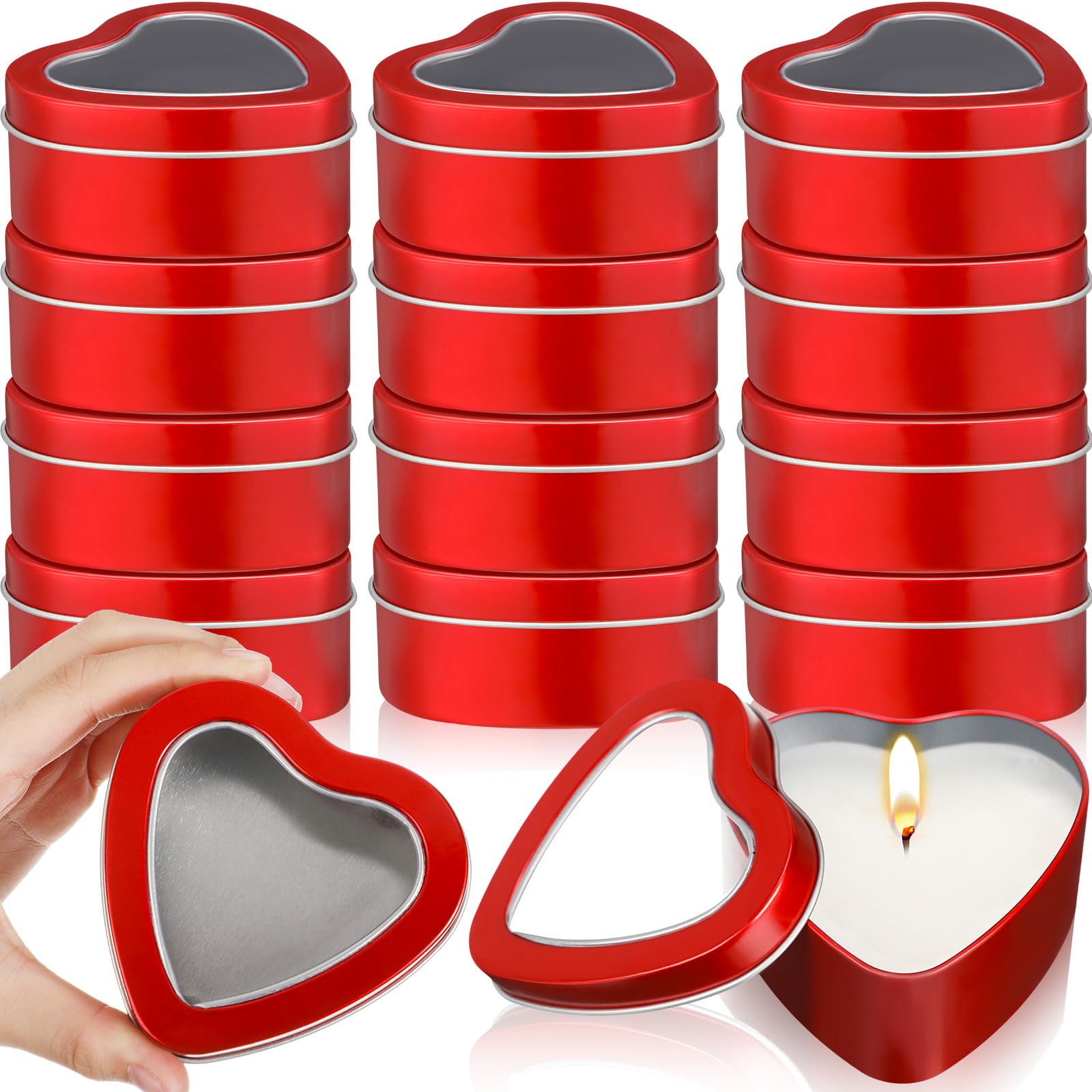 12 Pcs 6.5 oz Heart Shaped Metal Tins with Clear Window Lids - Empty Candle Containers for DIY Candles, Candies, Jewelry & Gift Packaging - Perfect for Mother's Day, Valentine's Day & Romantic Gifts (Red)