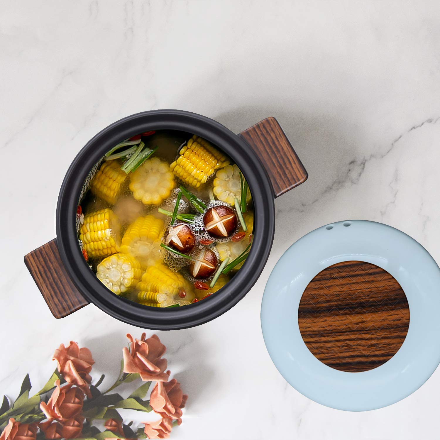 Premium 5.3-Quart Ceramic Casserole Pot with Bakelite Handle - Nonstick, Heat Resistant Clay Cookware for Soup & Stew - Includes White Lid - Perfect for Slow Cooking, Braising & Serving Dishes at Family Gatherings