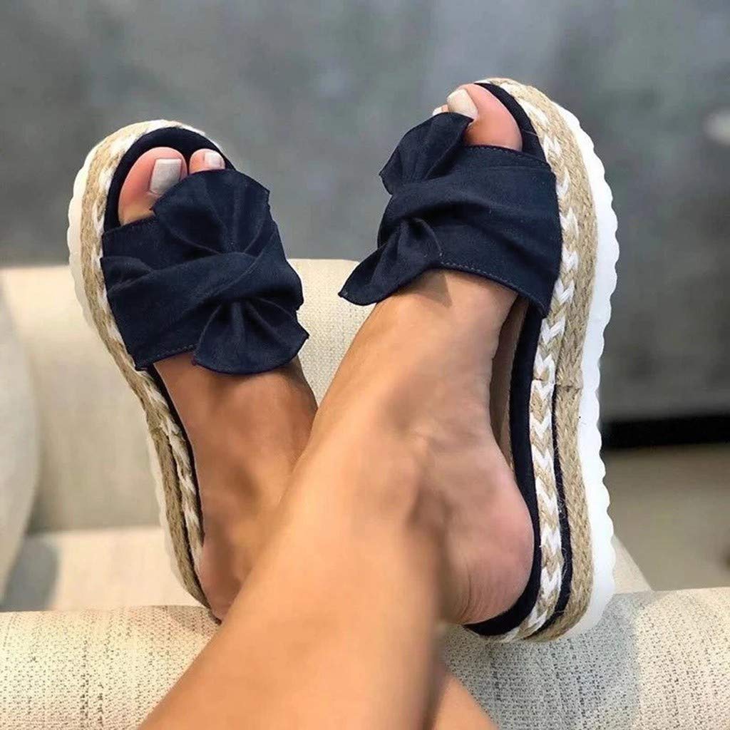 Women's Flat Slide Sandals with Cork Sole & Cute Knot Bow Design - Comfortable Canvas Summer Sandals for Beach, Pool, and Casual Outings