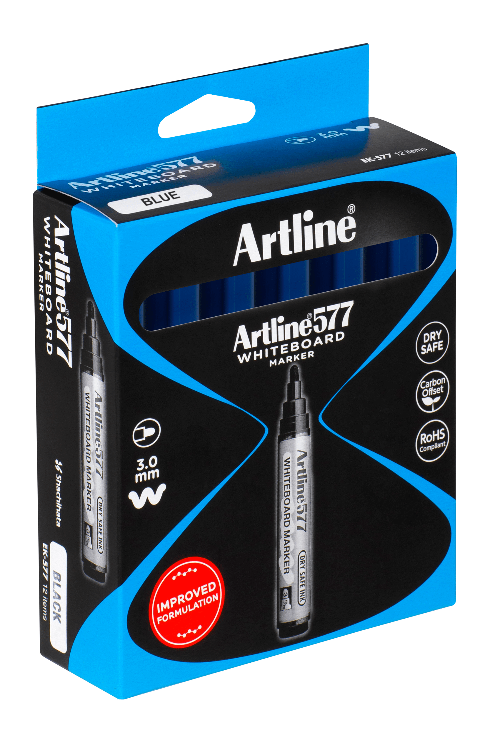 Artline 577 Whiteboard Markers - 3mm Bullet Tip, Blue Ink, Pack of 12 - Perfect for Office Meetings, Classroom Teaching & Home Organization