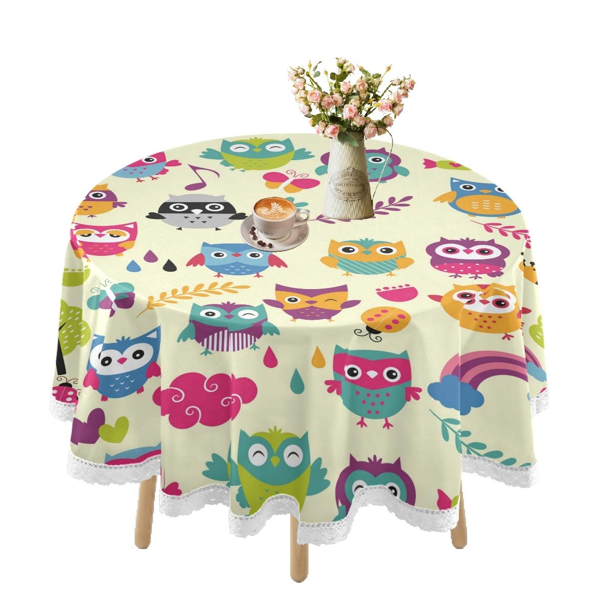 Waterproof Round Tablecloth with Colorful Owls Design - 60 Inch Lace Table Cover for Outdoor Dining, Weddings, Kitchen, Parties & Picnics | Durable & Decorative Holiday Tablecloth for Home & Events