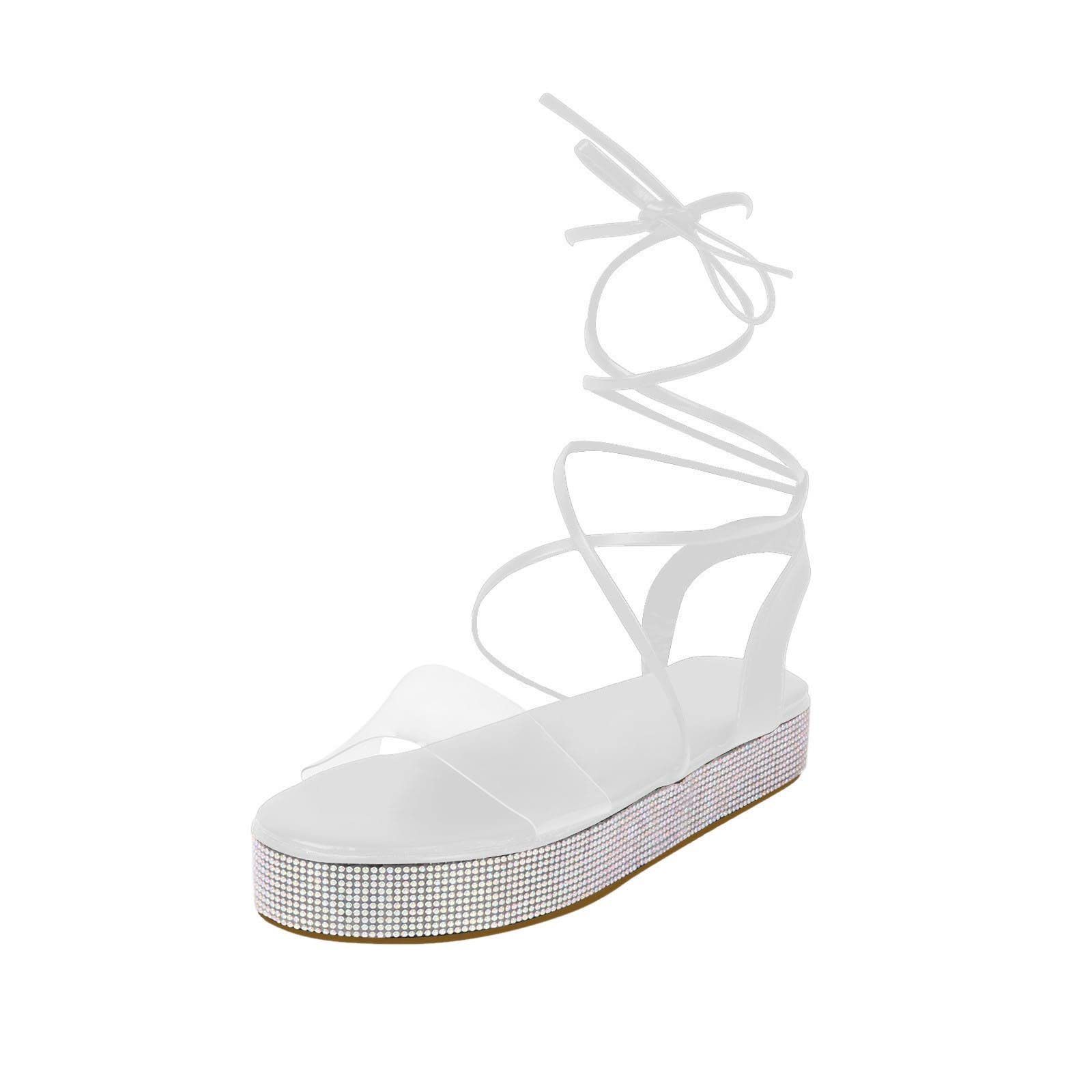Women's Rhinestone Platform Sandals - Sparkly Clear Strap Open Toe Cross Strappy Lace Up Summer Shoes for Beach, Outdoor & Casual Wear | Comfortable Women's Slippers for Walking, Vacation & Party Occasions