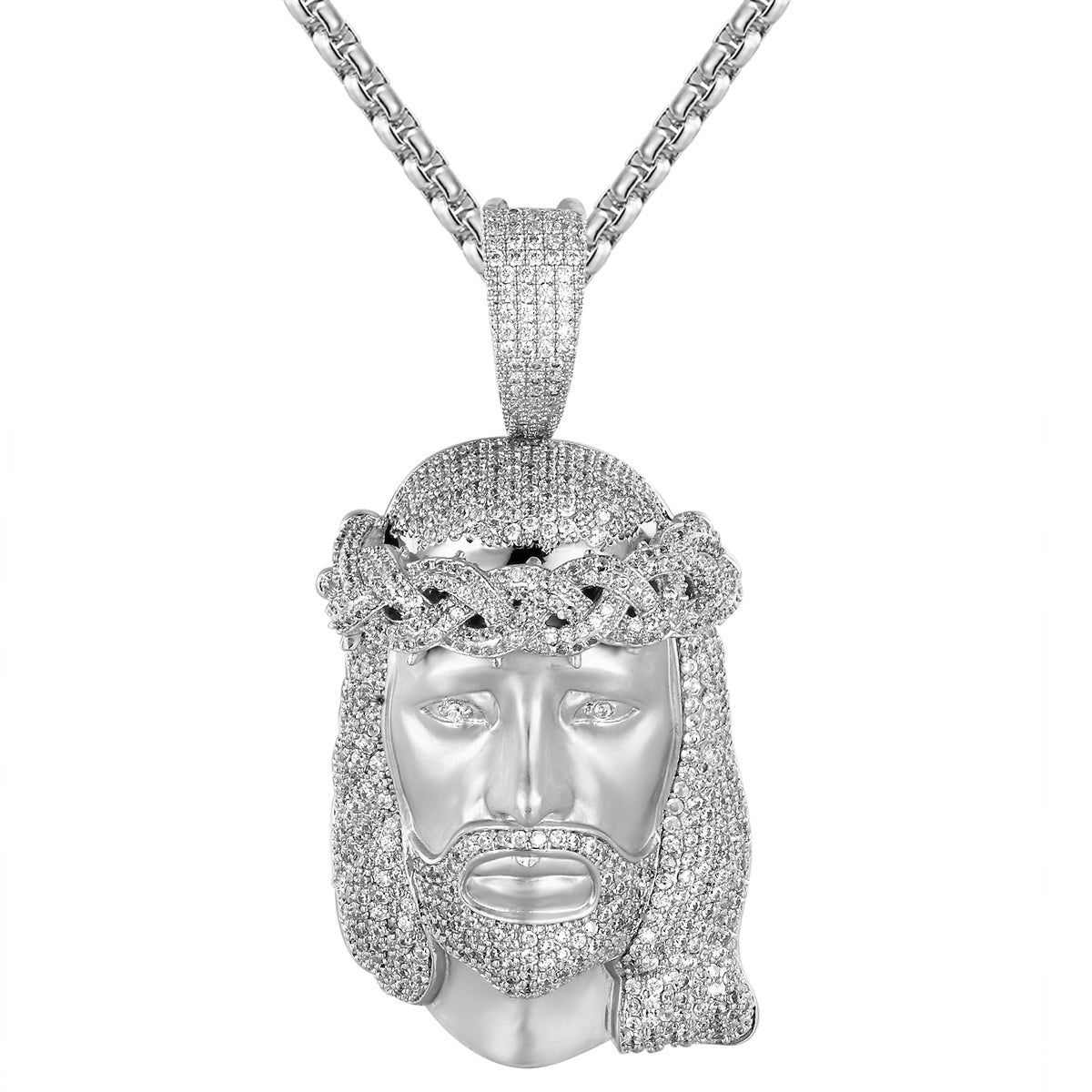 Silver Religious Jesus Matte White Finish Icy Crown Pendant Necklace - Perfect for Baptism, First Communion & Spiritual Gifts