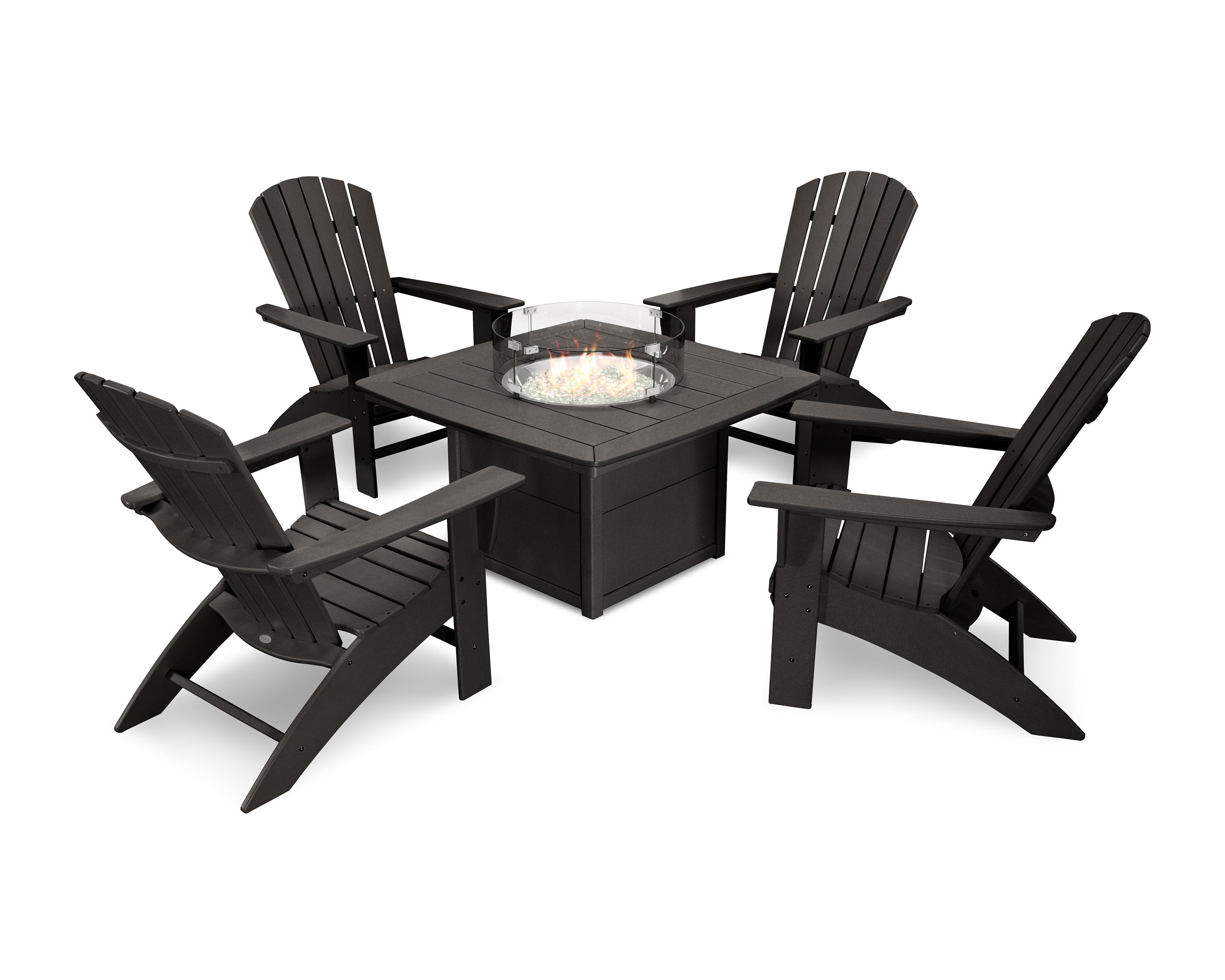POLYWOOD Nautical Curveback Adirondack 5-Piece Outdoor Conversation Set with Fire Pit Table - Perfect for Patio, Deck, Poolside & Backyard Relaxation