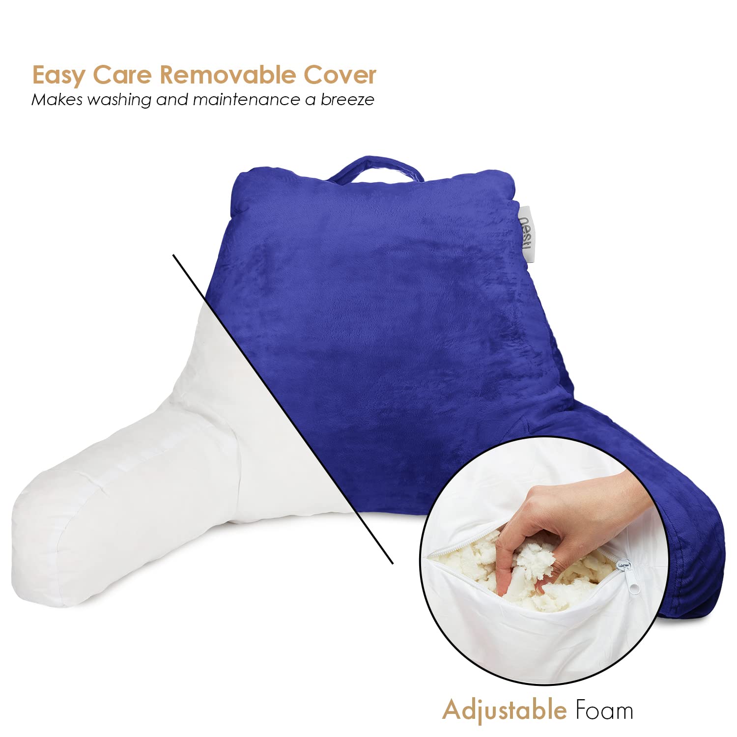 Nestl Reading Pillow with Shredded Memory Foam - Supportive Back Pillow for Sitting in Bed, Reading & Relaxing - Royal Blue Bed Rest Pillow with Pockets - Perfect for Reading, Watching TV, or Lounging Comfortably