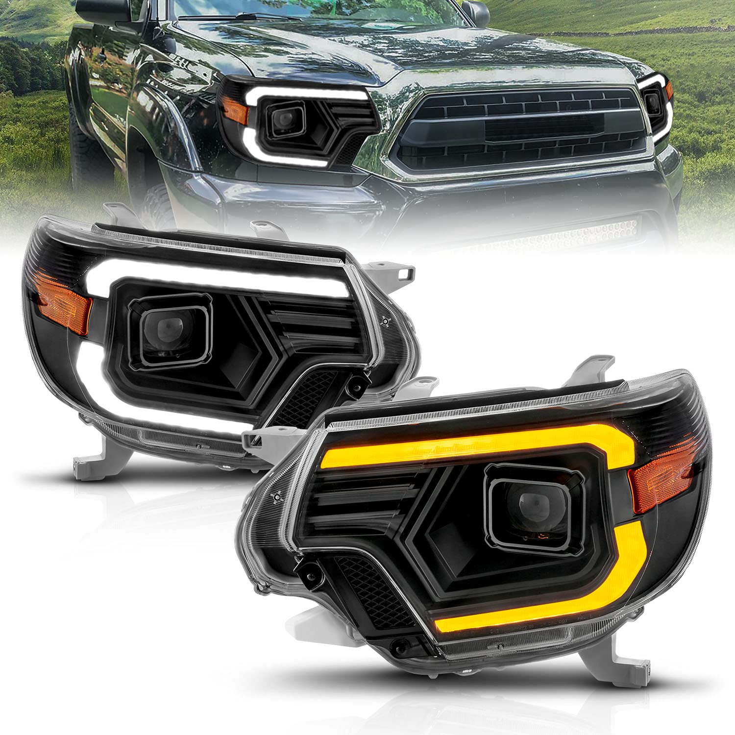 AmeriLite LED Headlights for 2012-2015 Toyota Tacoma - C-Type Switchback Tube Replacement Lights (Pair) - Left & Right Side - Perfect for Night Driving & Off-Road Adventures