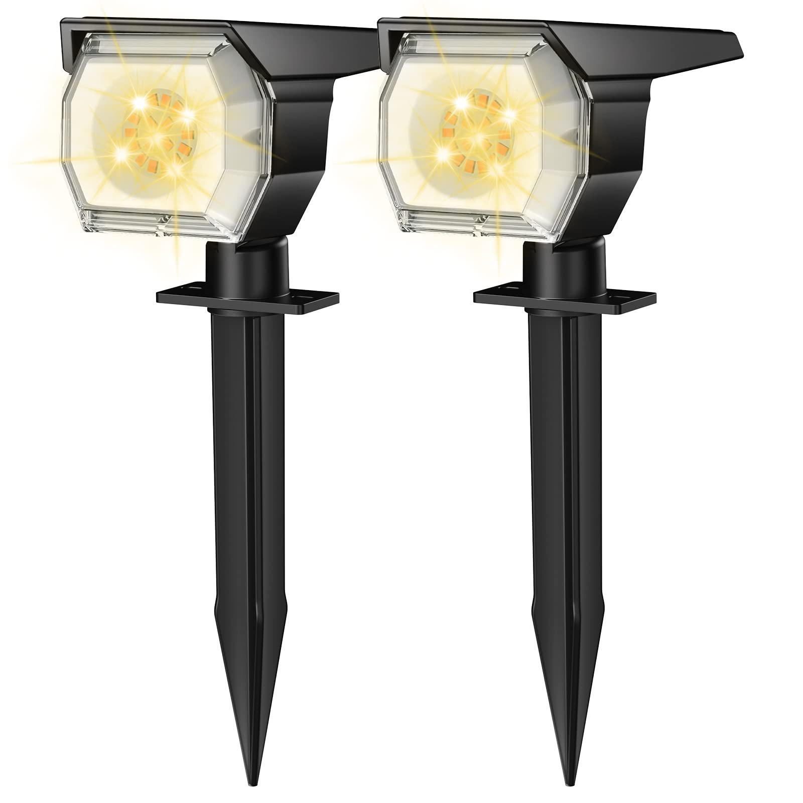 EIUIO Solar Outdoor Lights Waterproof - 2 Pack Warm White Solar Spot Lights with Auto On/Off & 3 Lighting Modes - Perfect for Garden Decor, Pathway, Patio, Yard and Landscape Lighting