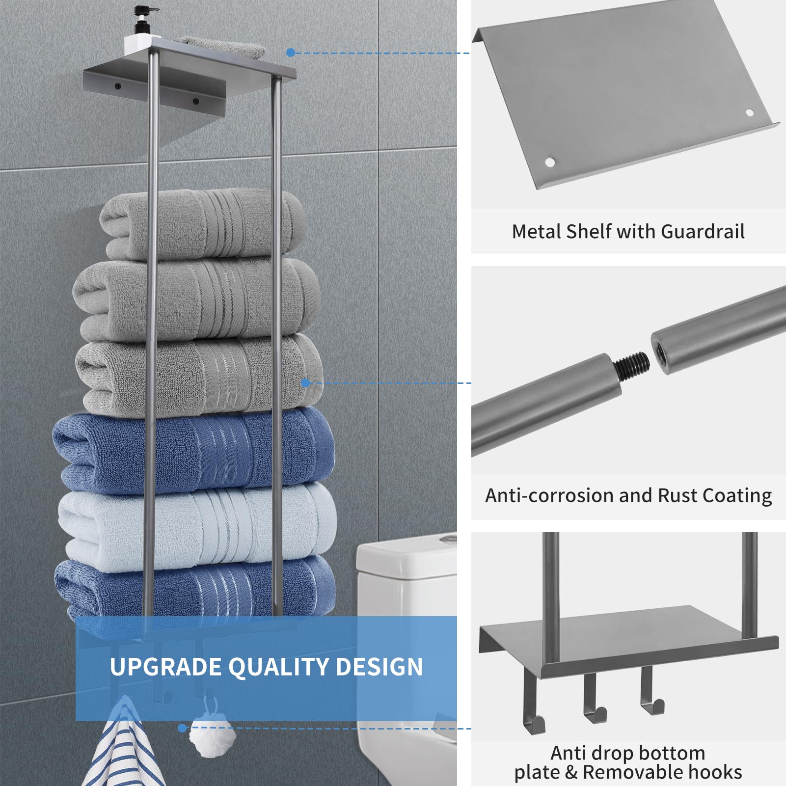 Premium Wall Mounted Towel Rack - Silver Metal Bathroom Organizer with Shelf & 3 Removable Hooks for Rolled Towels - Perfect for Small Bathrooms, Apartments, and Spa-Style Decor