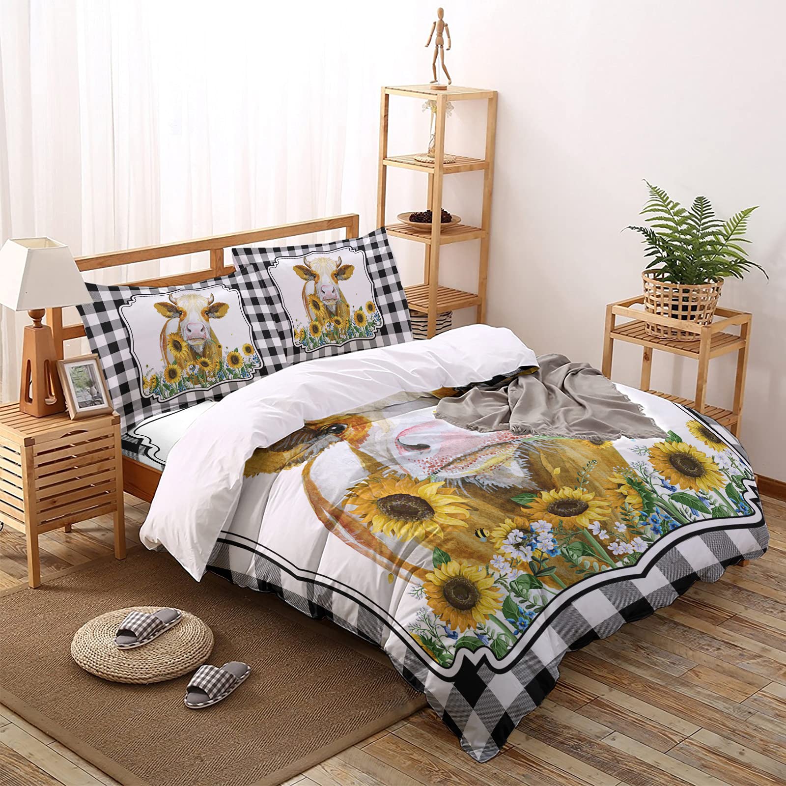 MUSEDAY 4-Piece Twin Size Duvet Cover Set - Cute Cow & Sunflower Farmhouse Design, Black Buffalo Check Plaid, Ultra Soft Comforter Cover with Zipper Closure & Corner Ties - Perfect for Country Style Bedrooms, Kids Rooms & Cozy Farmhouse Decor