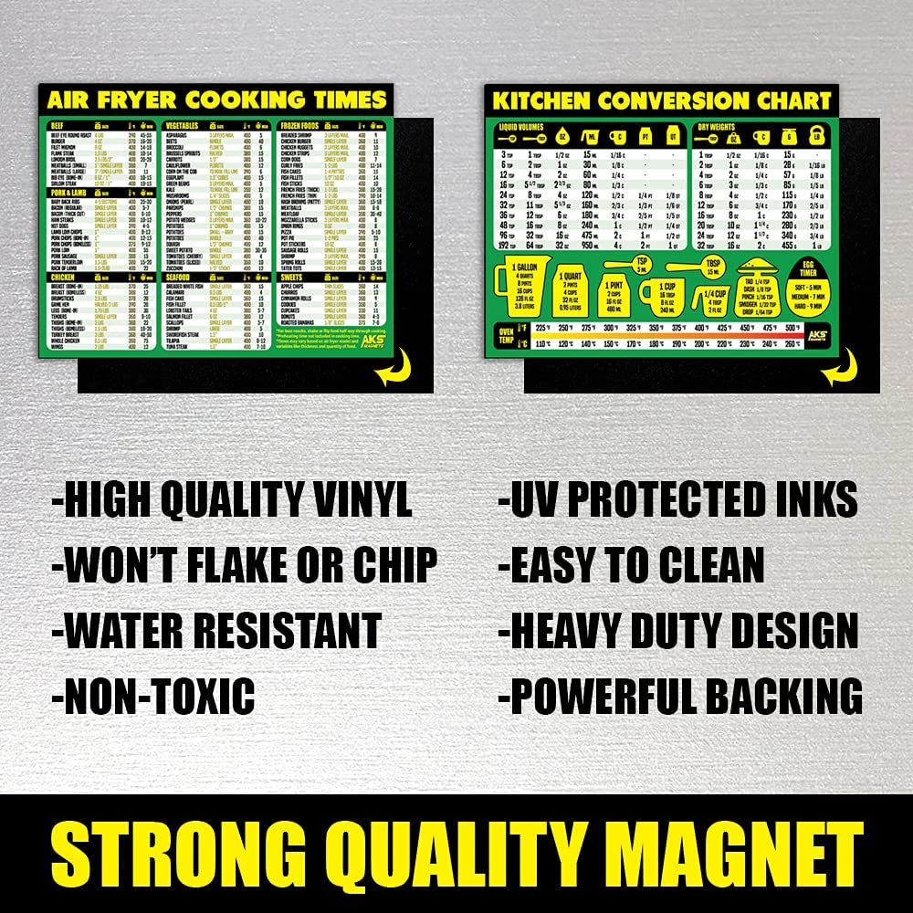 Extra Large 11” x 8.5” Air Fryer Cooking Times & Kitchen Conversion Chart Magnet Bundle - Easy Read Reference Guide for Air Frying, Baking, Cooking Measurements & Recipe Conversions - Perfect for Home Chefs & Kitchen Organization