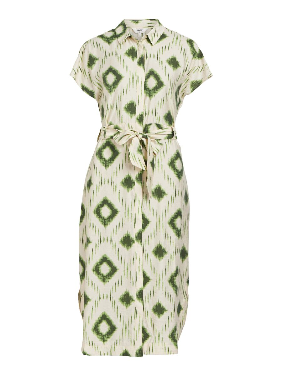 Berry Midi Shirt Dress for Women - Flowy Casual Summer Dress in Sandshell & Peridot Green - Perfect for Beach, Office, and Date Night Outfits