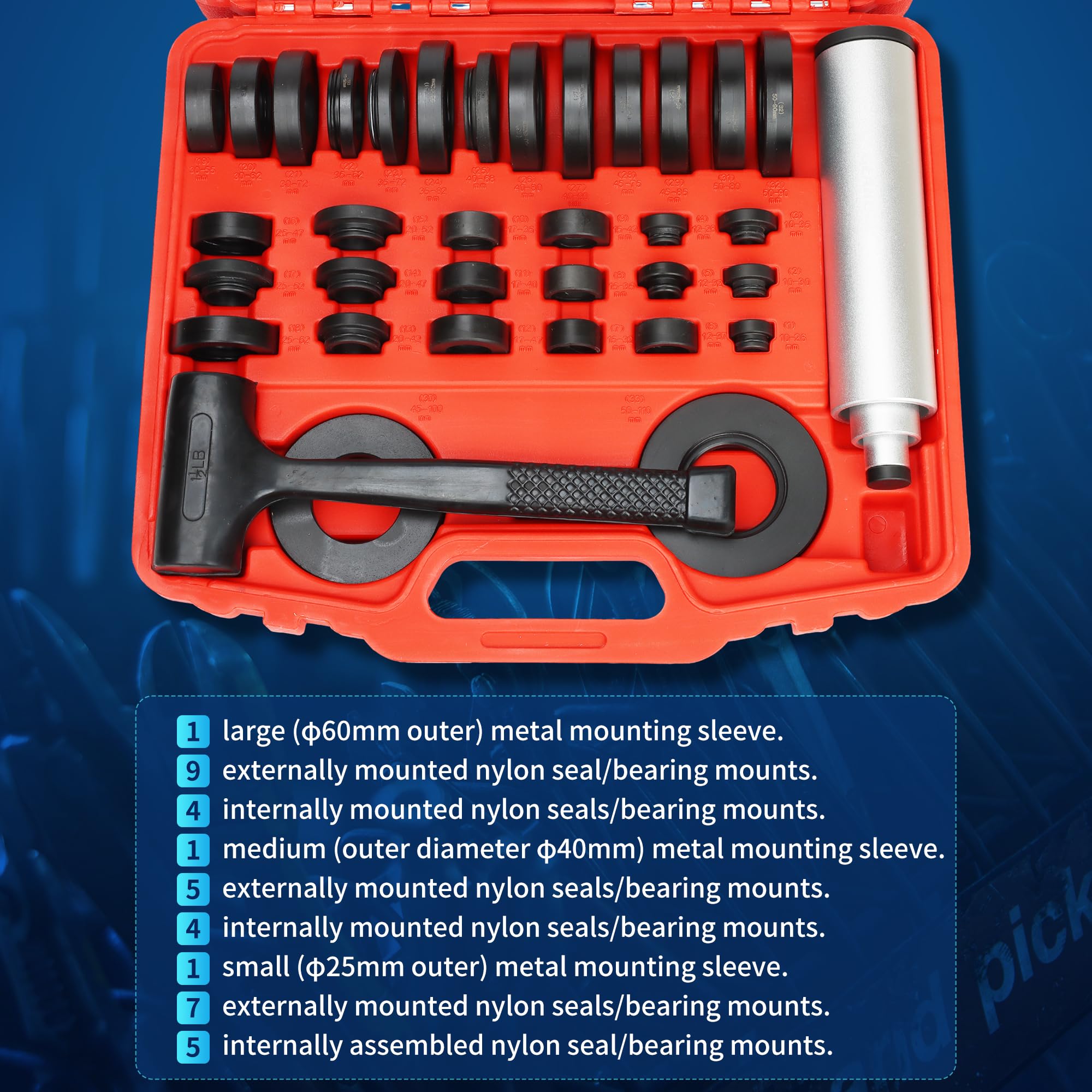 37 Pcs Sealed Bearing Mounting Kit - Professional Bearing & Oil Seal Installation Tool Set for Automotive, Industrial & DIY Repairs - Perfect for Wheel Bearings, Transmission & Engine Maintenance