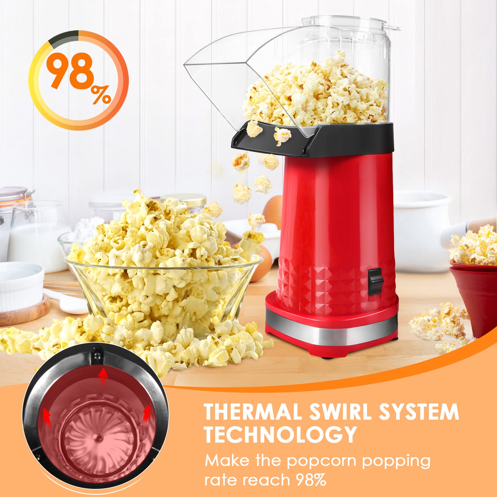 1200W Electric Hot Air Popcorn Maker Machine - Fast 3-Minute Oil-Free Popper with Measuring Cup & Removable Lid - Perfect for Home Movie Nights, Family Gatherings, Parties & Gifts (Red)