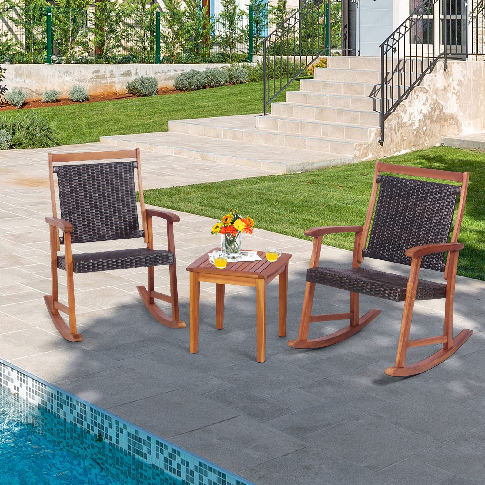 HAPPYGRILL 3-Piece Acacia Wood Rocking Bistro Set with Rattan Wicker Coffee Table - Patio Rocking Chairs & Conversation Set for Garden, Porch, Backyard - Perfect for Outdoor Relaxation & Entertaining