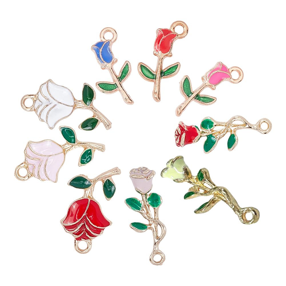 18Pcs Rose Flower Charms - Enamel Love Charms for Jewelry Making, Necklace, Bracelet & Earring Supplies | Valentine's Day Red Rose Pendants for Women DIY Crafting | Perfect for Handmade Gifts, Valentine's Day Presents & Jewelry Design Projects
