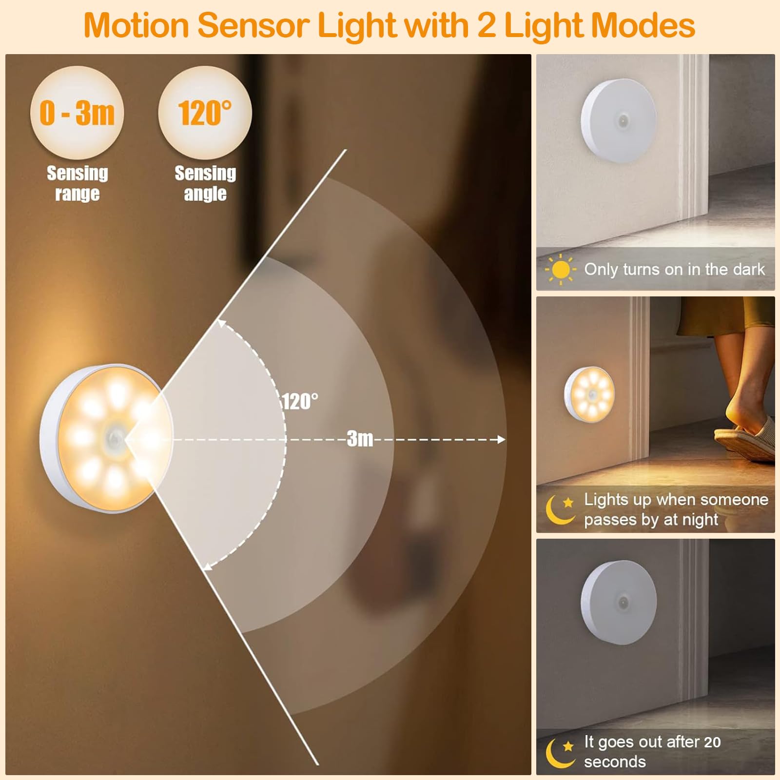 6 Pack Rechargeable LED Puck Lights with Motion Sensor - 1000mAh Battery Operated Tap Lights, Dimmable Push Lights for Closet, Under Cabinet, Stairs & Home Decor - USB Stick On Lights for Bedroom, Kitchen, Garage & Storage Spaces