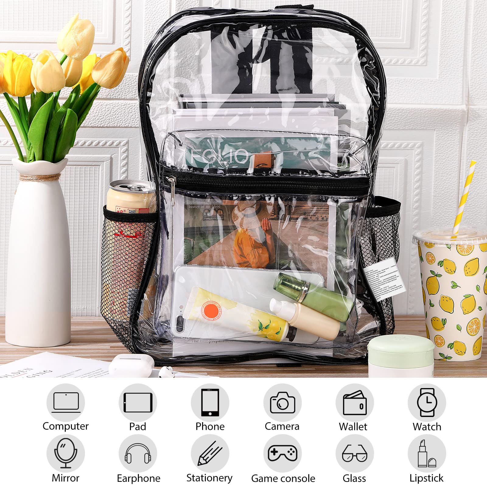 48 Pack Clear PVC Backpacks Bulk - Heavy Duty Transparent Bookbags with Pockets for School, Work & Travel (15 x 11 x 3.6 Inches) - Perfect for Stadium Security, Concerts, Airports & Theme Parks