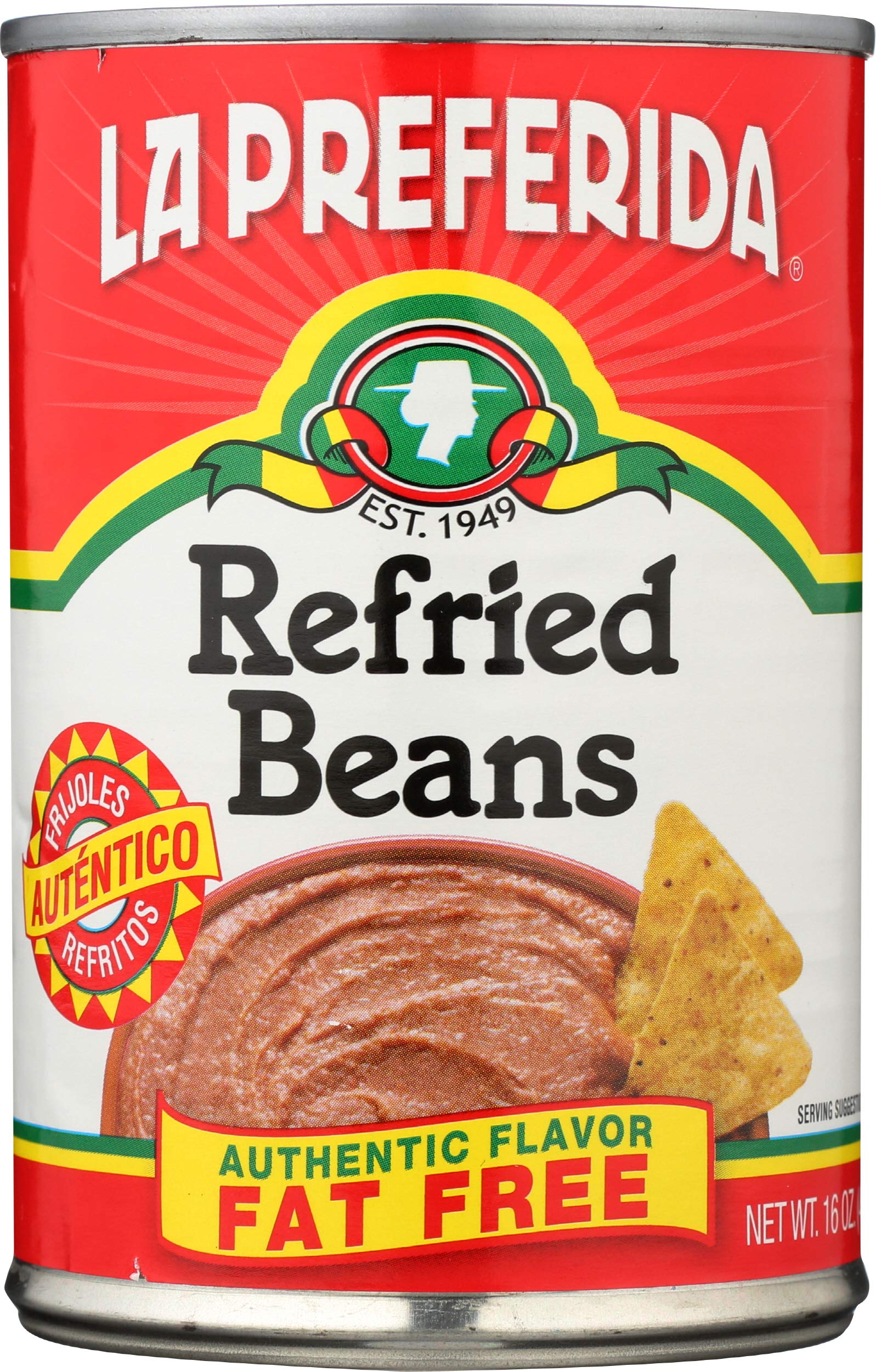 La Preferida Fat Free Refried Beans, 16 Oz (Pack of 6) | Authentic Mexican Style | Perfect for Tacos, Burritos & Nachos | Healthy, Gluten-Free & Vegan Pantry Staple