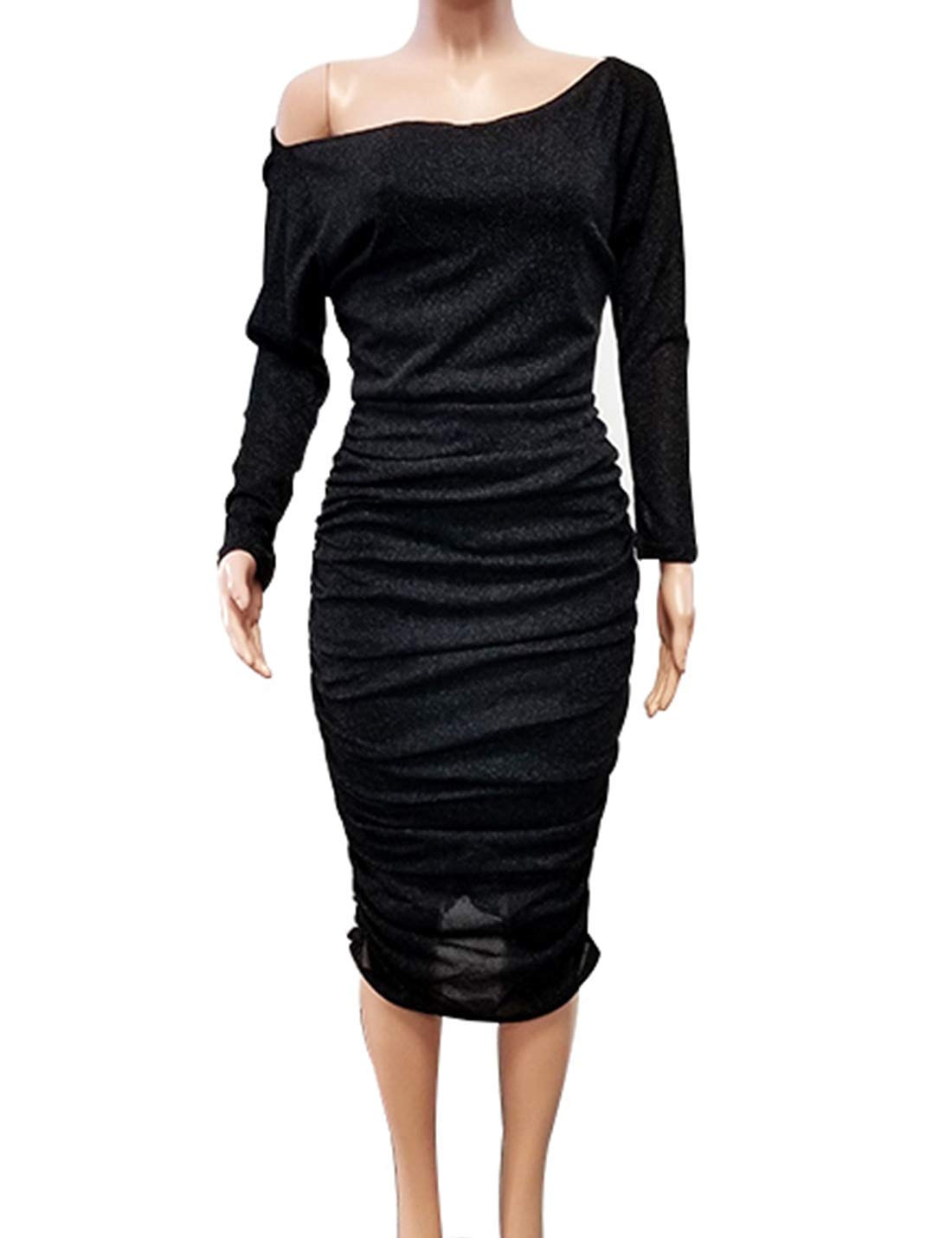 Sexy Long Sleeve Glitter Off Shoulder Bodycon Midi Dress for Women - XXL Black | Elegant Party Wear, Club Outfit, Evening Cocktail Dress, Holiday Celebration Outfit